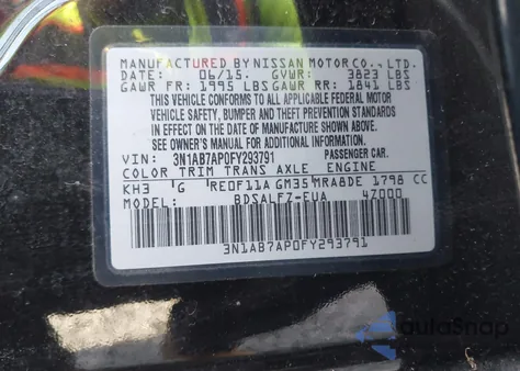 2015 Nissan Sentra Fe+ S из США, поврежденный, VIN 3N1AB7AP0FY293791